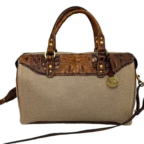 Brahmin Brown Croc Embossed Leather & Woven Top Handle Crossbody Handbag - Picture 2 of 7